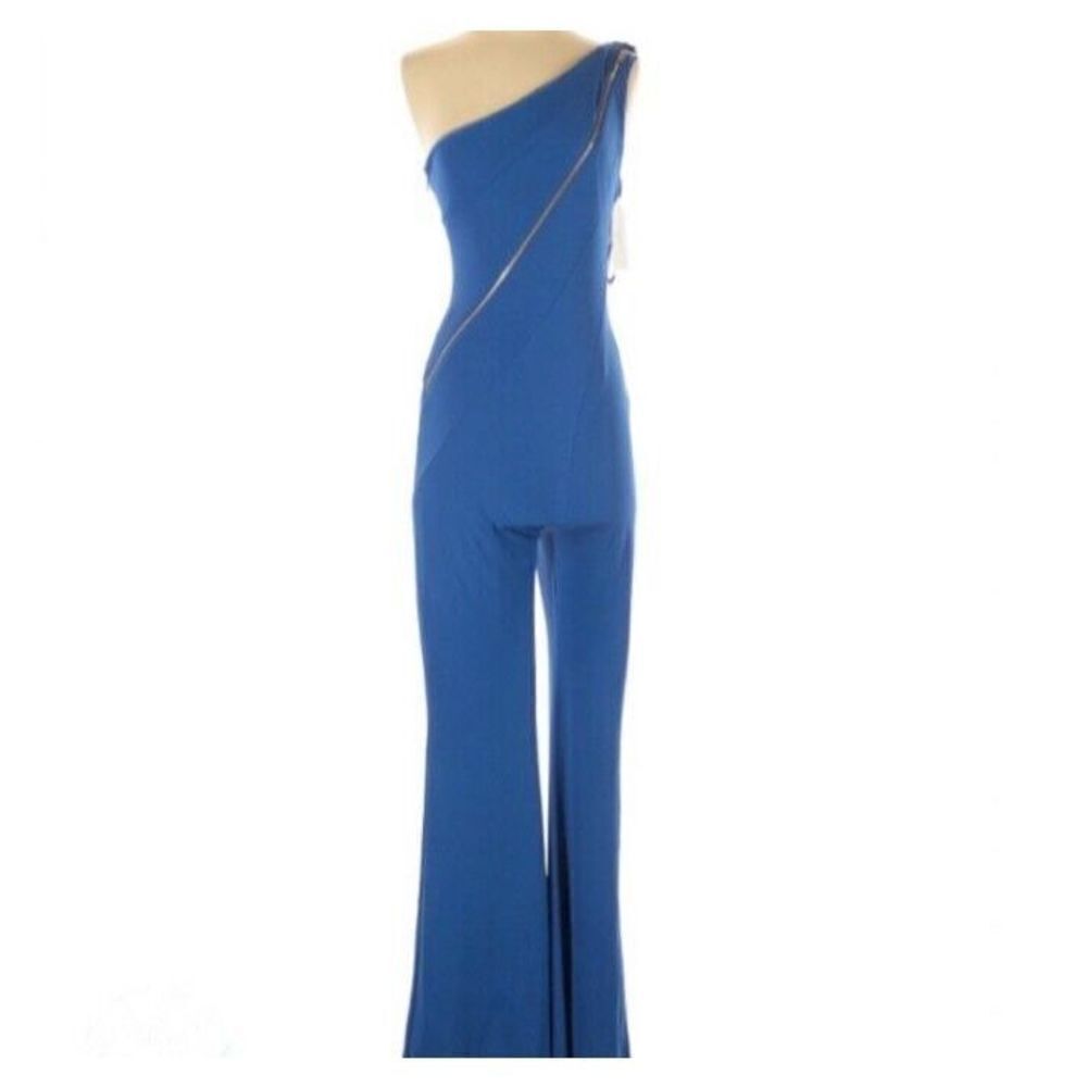 Jean‎ Louis Scherrer Jumpsuit Blue One Shoulder Flowy Legs Zipper Size Small